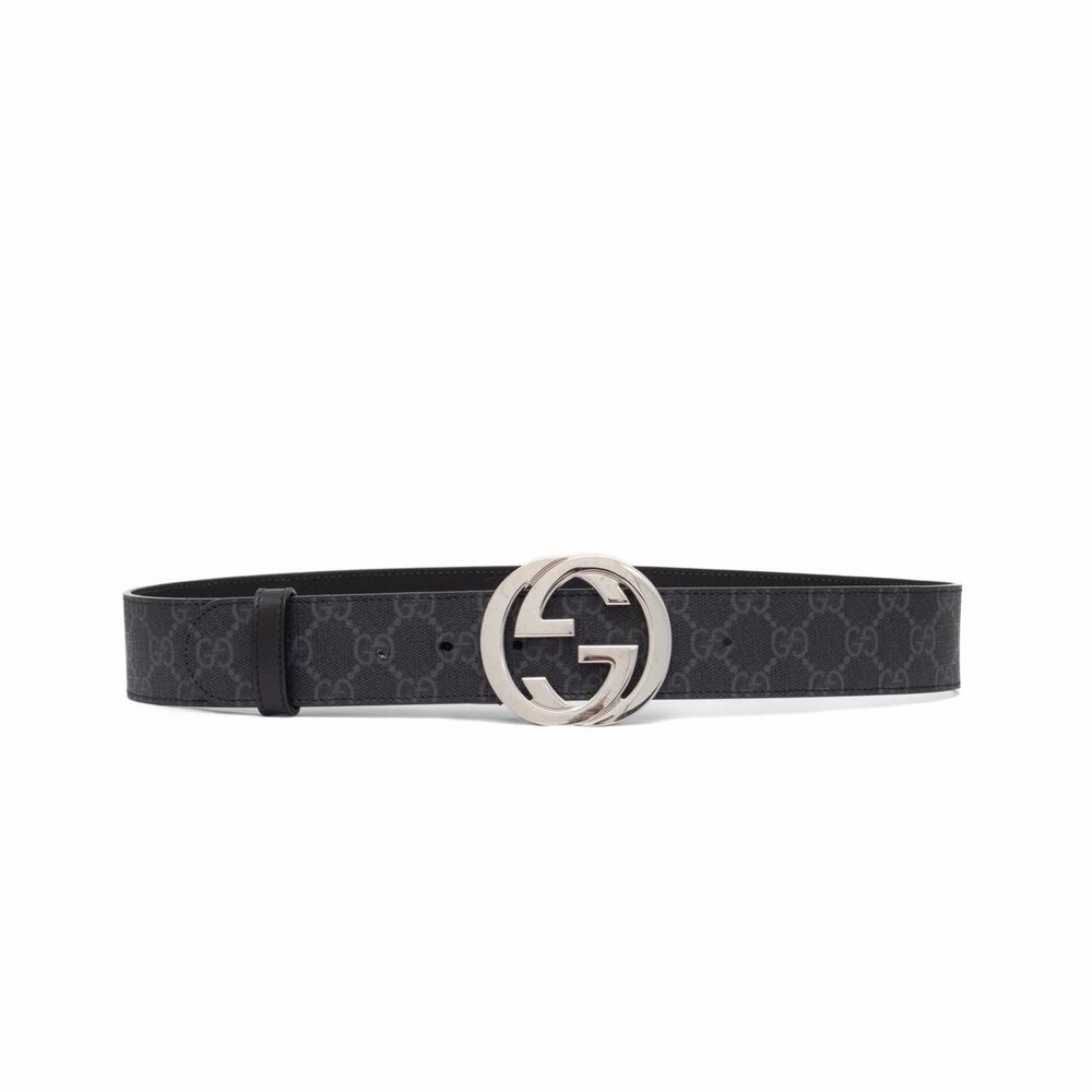510$ GUCCI Men’s GG Supreme Interlocking G Buckle Black Grey Belt Size 80/32